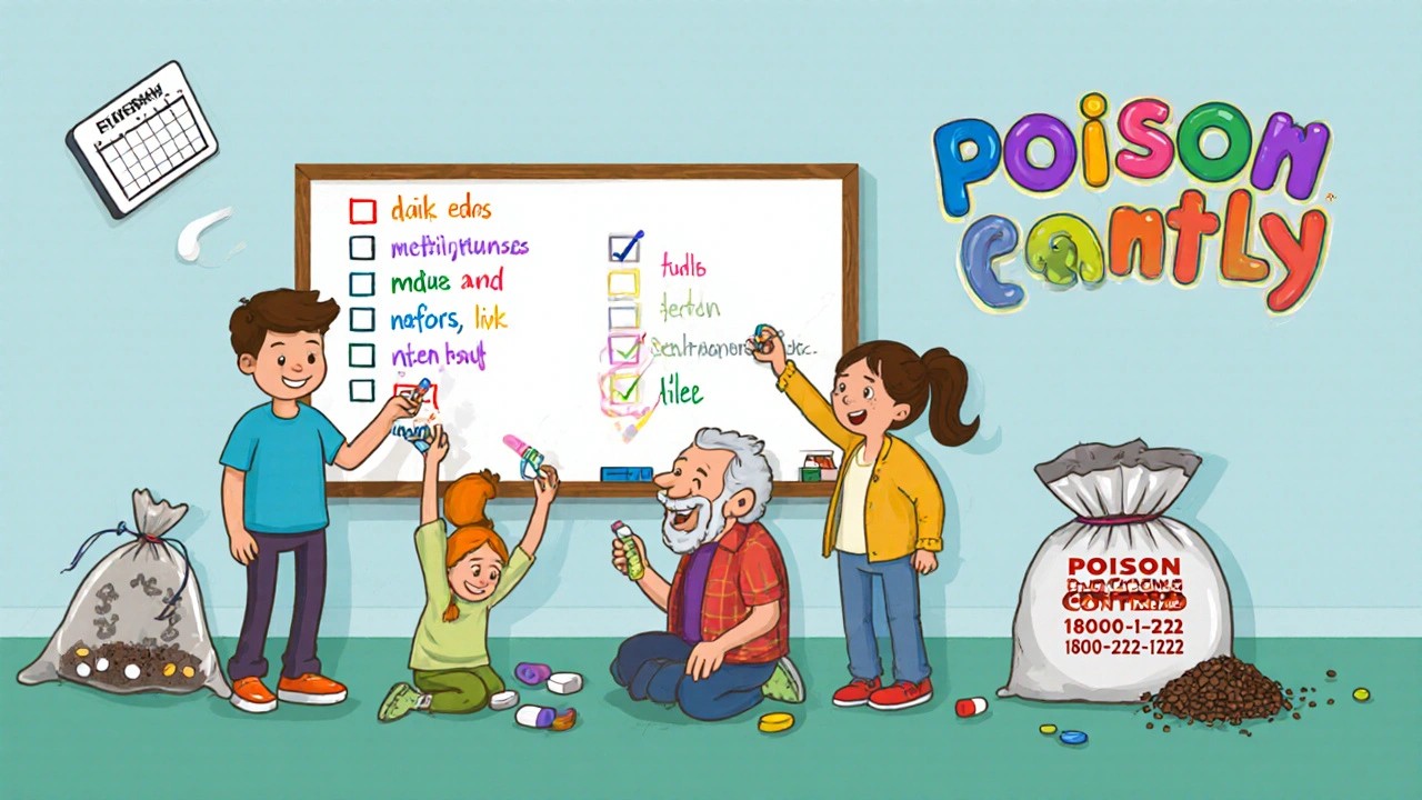 A family checks off medications on a whiteboard together, with a smartphone showing a shared calendar and a labeled trash bag for expired drugs.