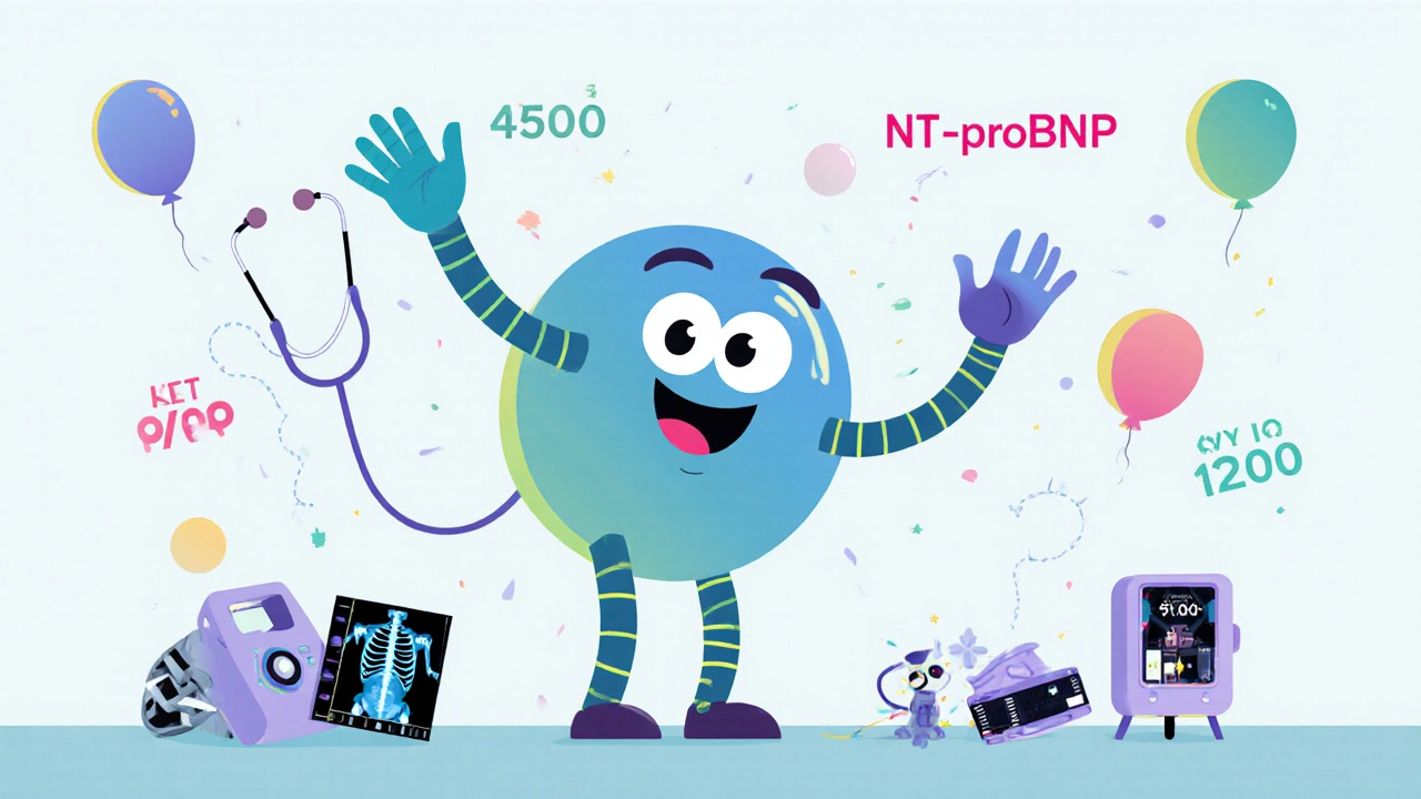 A friendly NT-proBNP molecule high-fiving a stethoscope while outdated tests fall away.