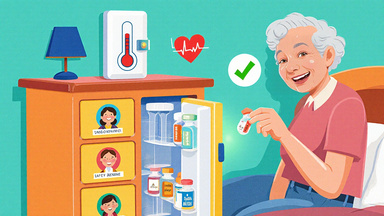 A locked medicine drawer with labeled compartments for each family member, insulin safely stored, and a glowing smart safe confirming safety.