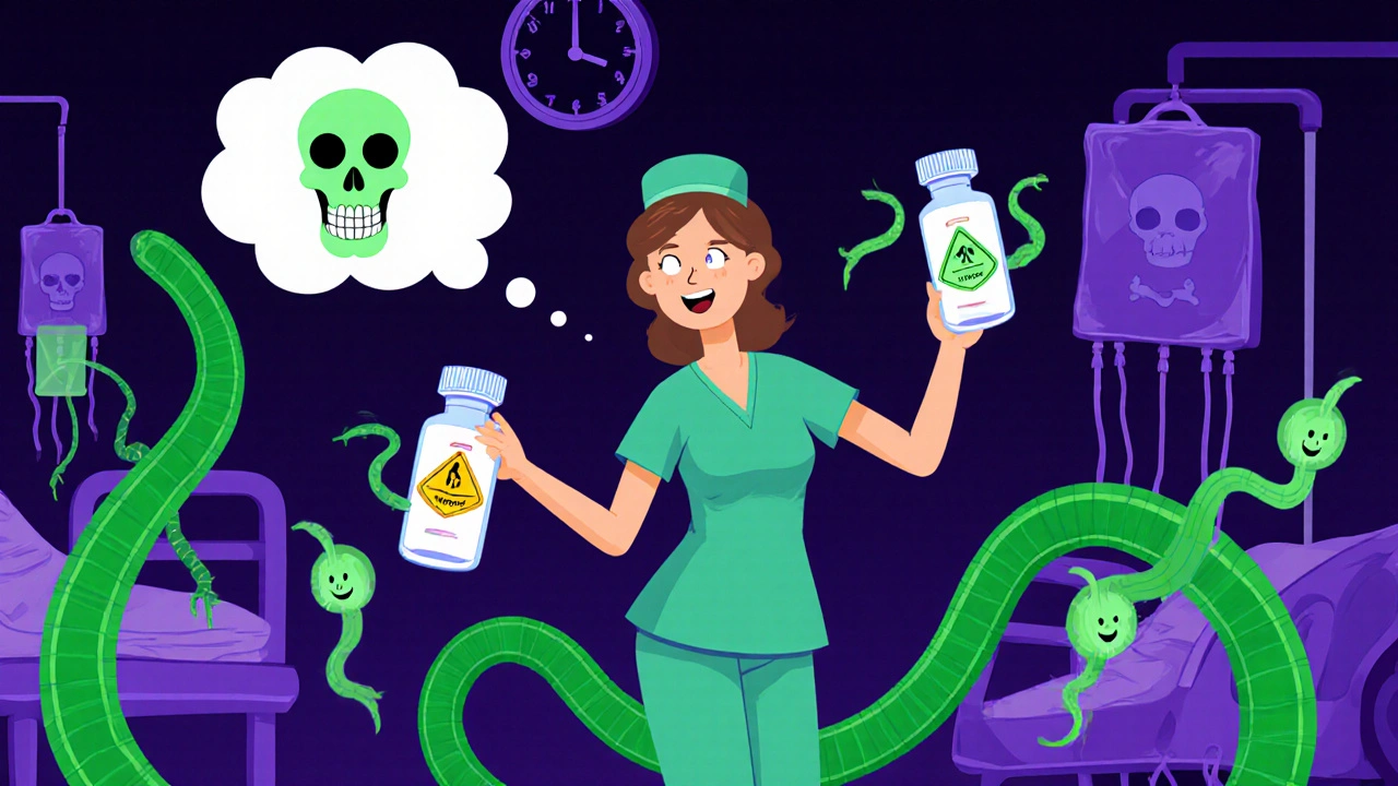 A nurse grabs the wrong vial in an ICU as two wiggling vials smile, with a skull thought bubble and spinning clock in the background.