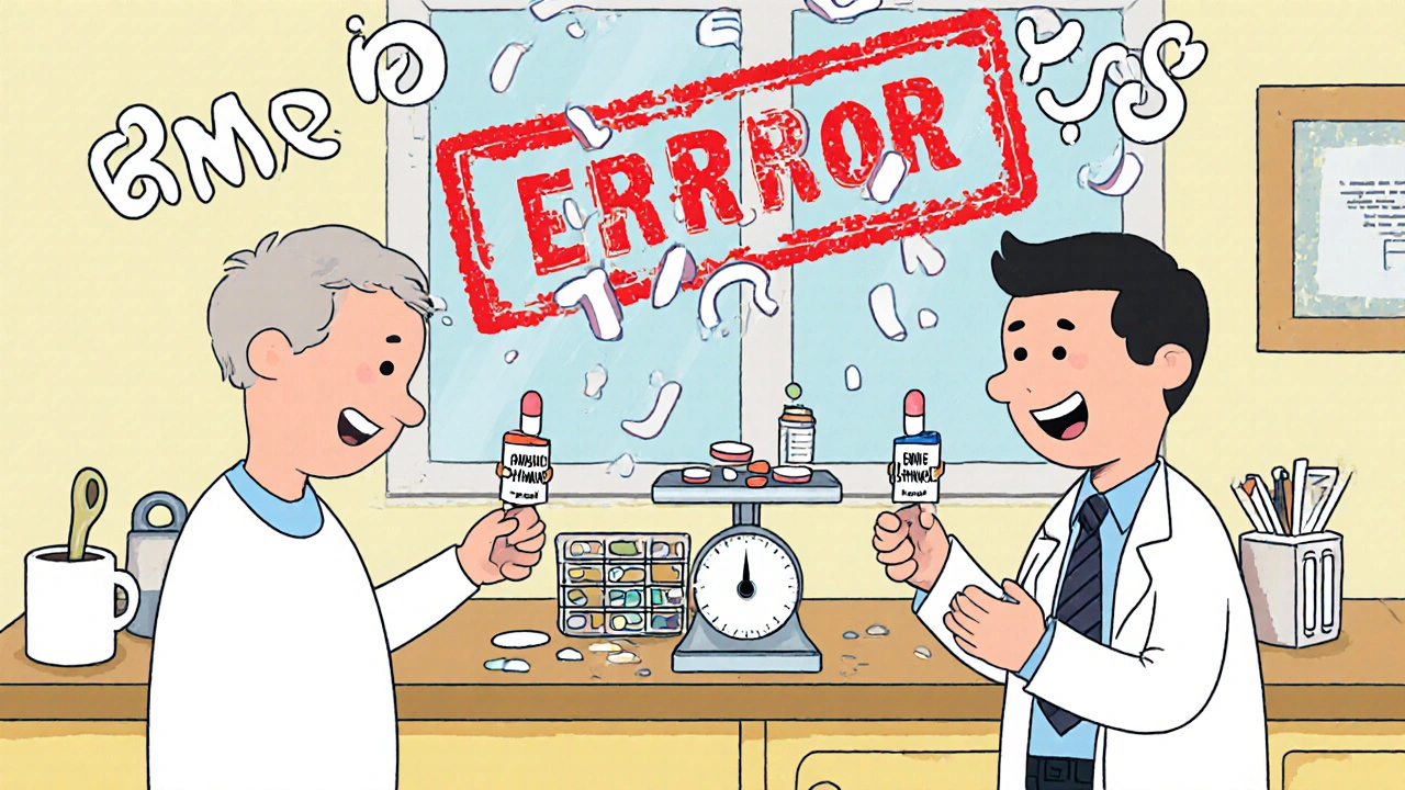 A patient holds identical pills that turn into arguing doctors, with a giant &#039;ERROR&#039; stamp falling above a cluttered kitchen counter.