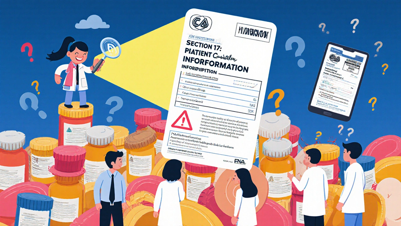 A patient stands on a pile of pill bottles, using a magnifying glass on a glowing patient counseling section while doctors look confused.