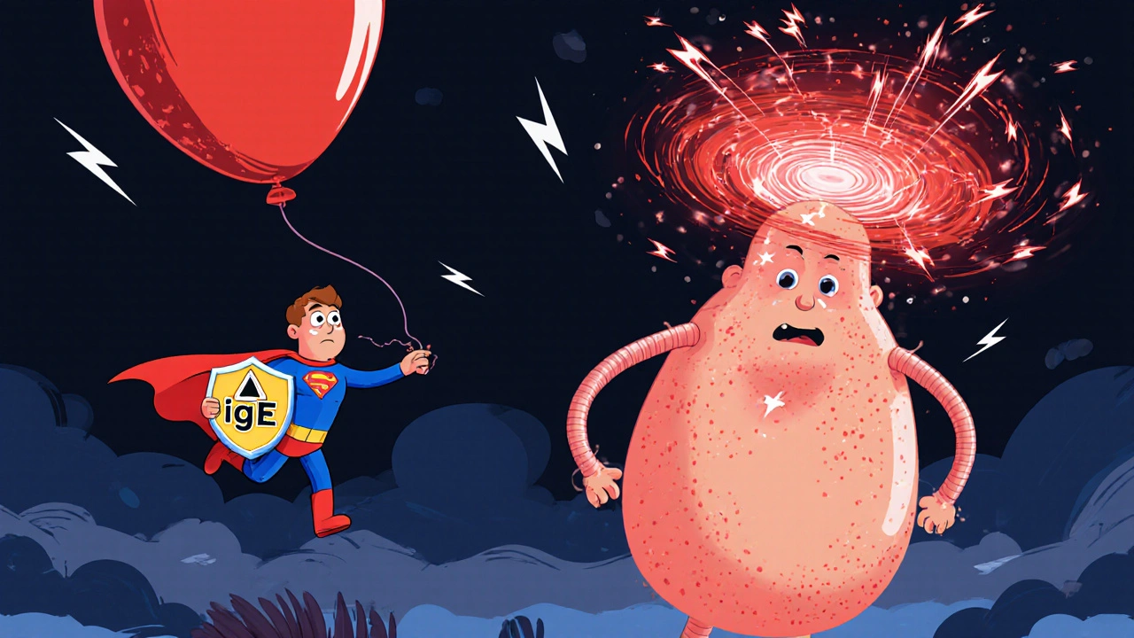 A person inflating with hives and histamine sparks after taking penicillin, with a tiny IgE superhero attacking.