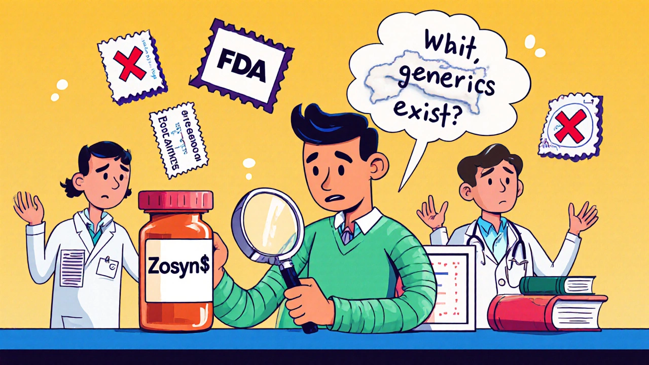A pharmacist compares a generic antibiotic vial to a pricey brand-name version, surrounded by confused doctors.