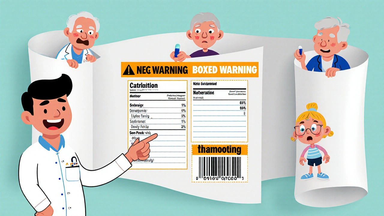 A pharmacist points to a giant animated FDA drug label unfurling on a wall, with cartoon patients peeking from warning sections.