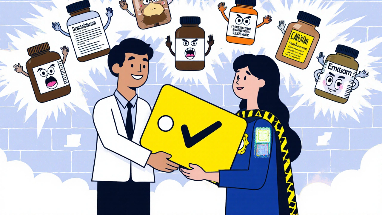 A psychiatrist gives a patient a safety wallet card while dangerous medications explode into warning symbols.