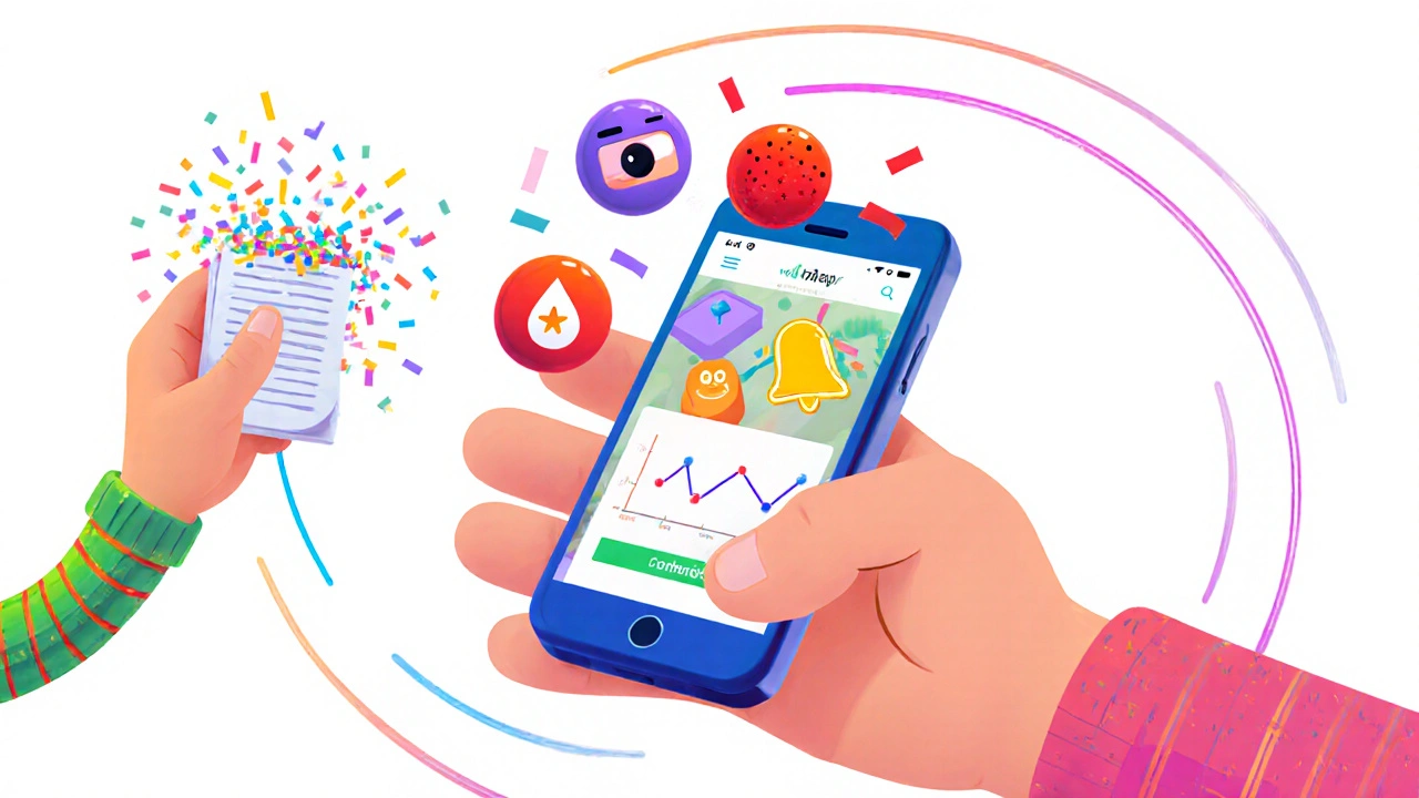 A smartphone app displays symptom data with a crumbling paper diary, in playful rubber hose animation.