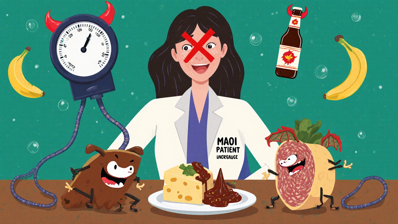 A woman eats aged cheese and salami while food items come alive, with a blood pressure monitor spiking.