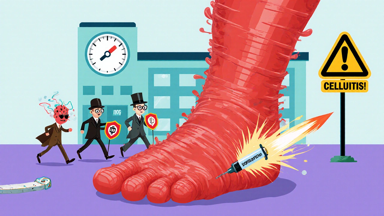 Adult with rapidly spreading red swollen leg, bacteria in trench coats marching from a cut, superhero antibiotic syringe firing.