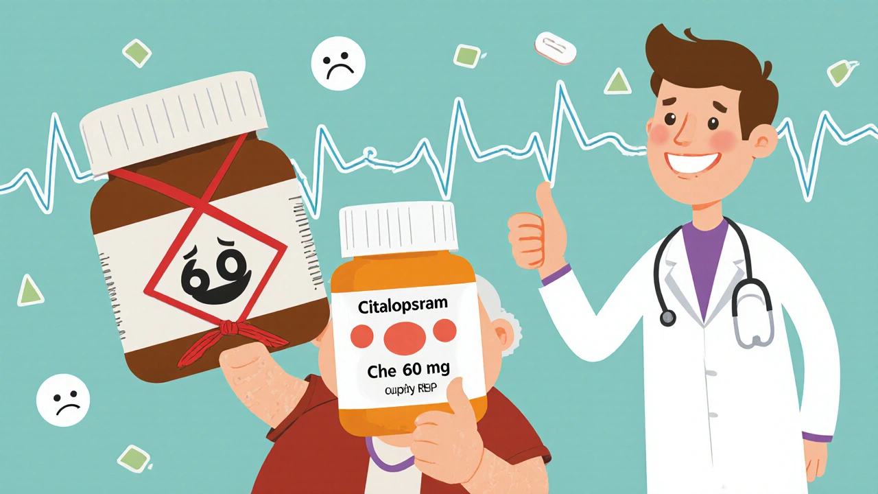 An elderly patient happily holding a 20 mg citalopram bottle, while a dangerous 60 mg bottle is tied up with a red ribbon.