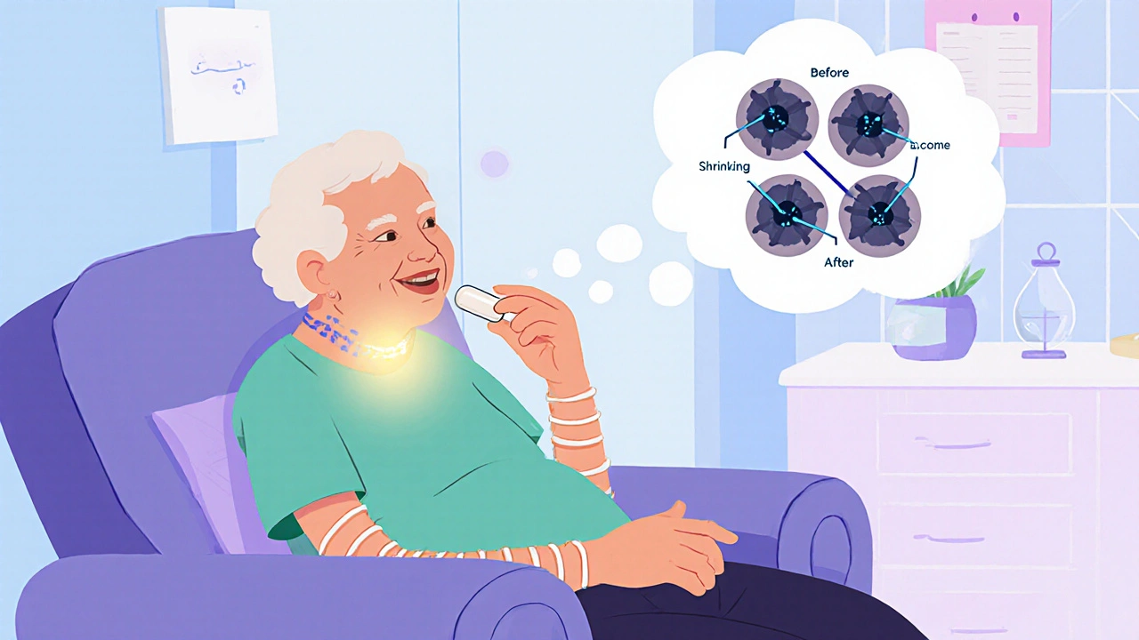 An elderly person taking a pill at home as a gentle radiation beam targets a shrinking lymph node.