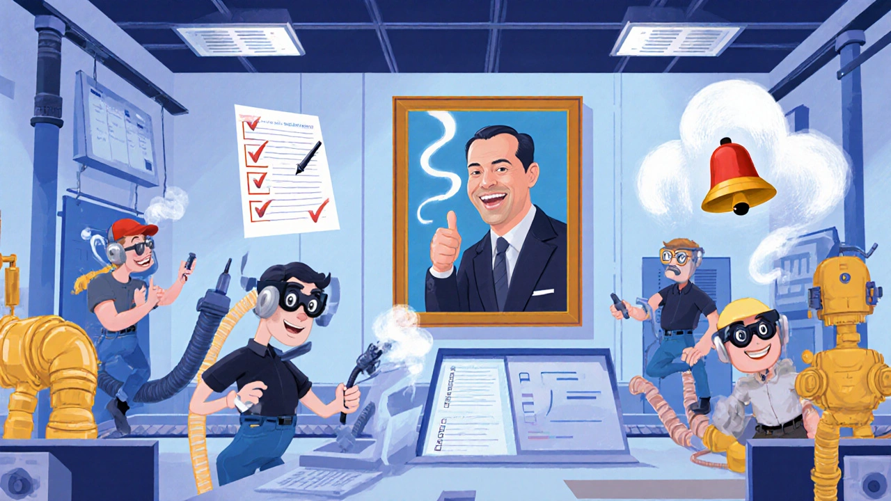 Animated digital twins and AR glasses guiding workers in a futuristic QC room, with a smiling Deming watching from above.