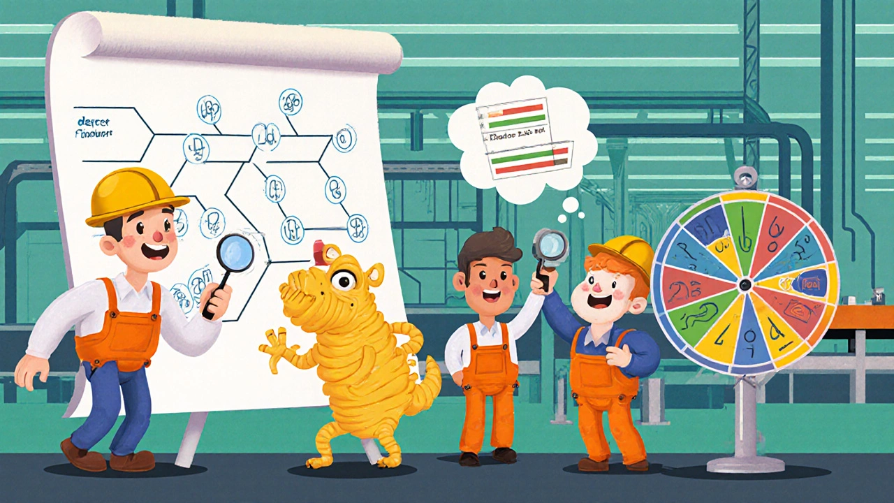 Bouncy workers using a fishbone diagram to catch a Defect Monster in a playful QC scene with glowing circuit boards.