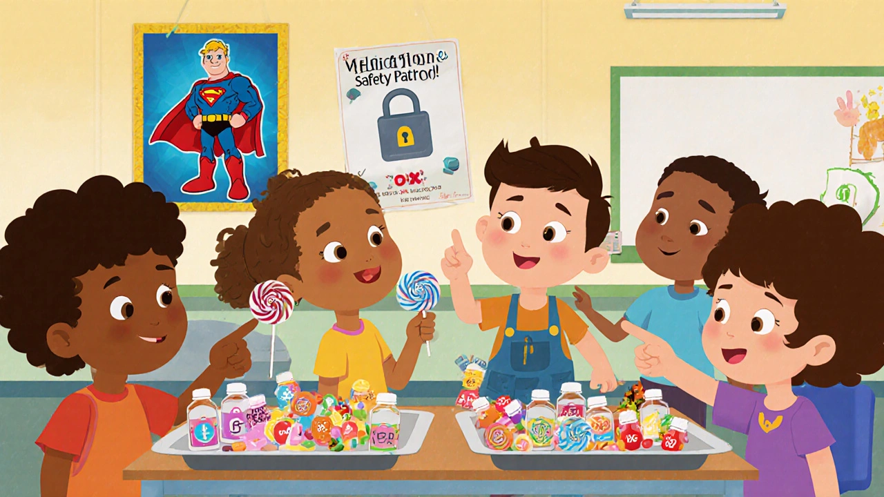 Children in a classroom play a game distinguishing candy from pill bottles, with a &#039;Medication Safety Patrol&#039; poster on the wall.