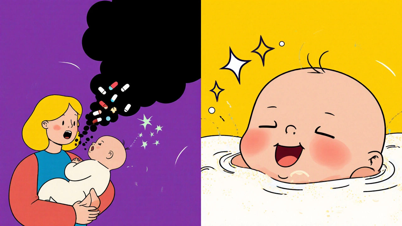 Contrasting images of high and low drug exposure during breastfeeding in cartoon style.