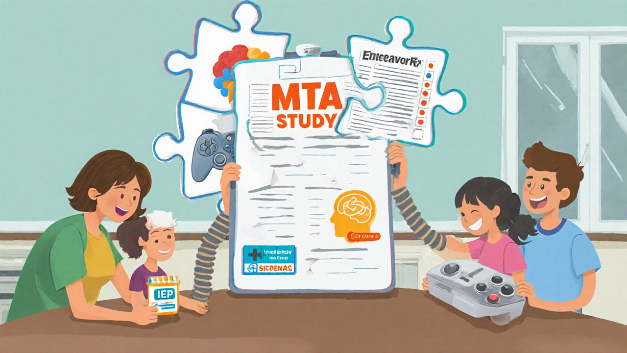 Family assembling puzzle pieces representing medication, behavioral tools, and digital therapy.