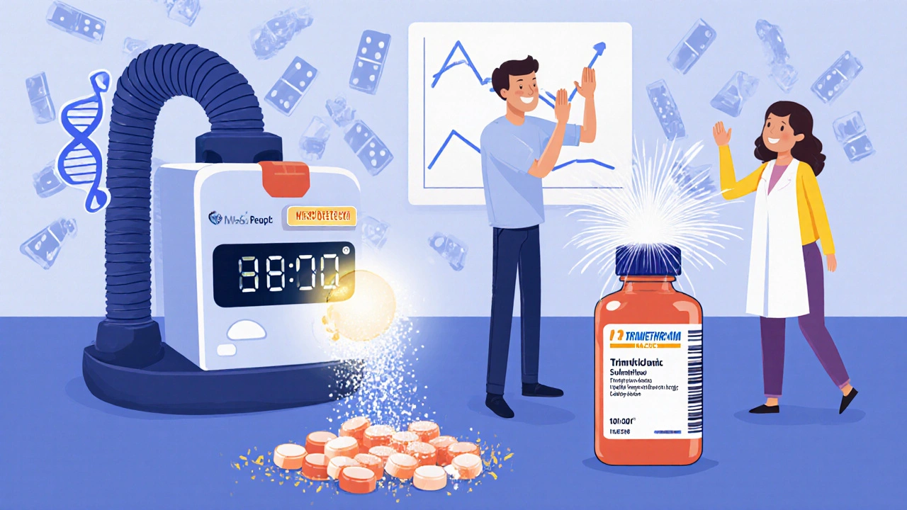 Futuristic diagnostic machine detecting MRSA, doctor and parent celebrating, old antibiotics crumbling as new ones appear.