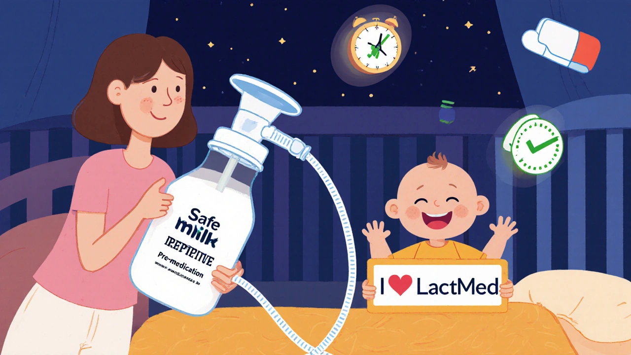 Mom pumping safe milk before taking medication, surrounded by safe drug icons in cartoon style.