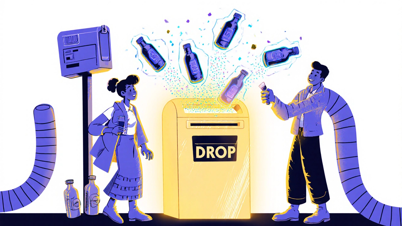 People anonymously dropping pill bottles into a glowing pharmacy drop-box that safely destroys them.