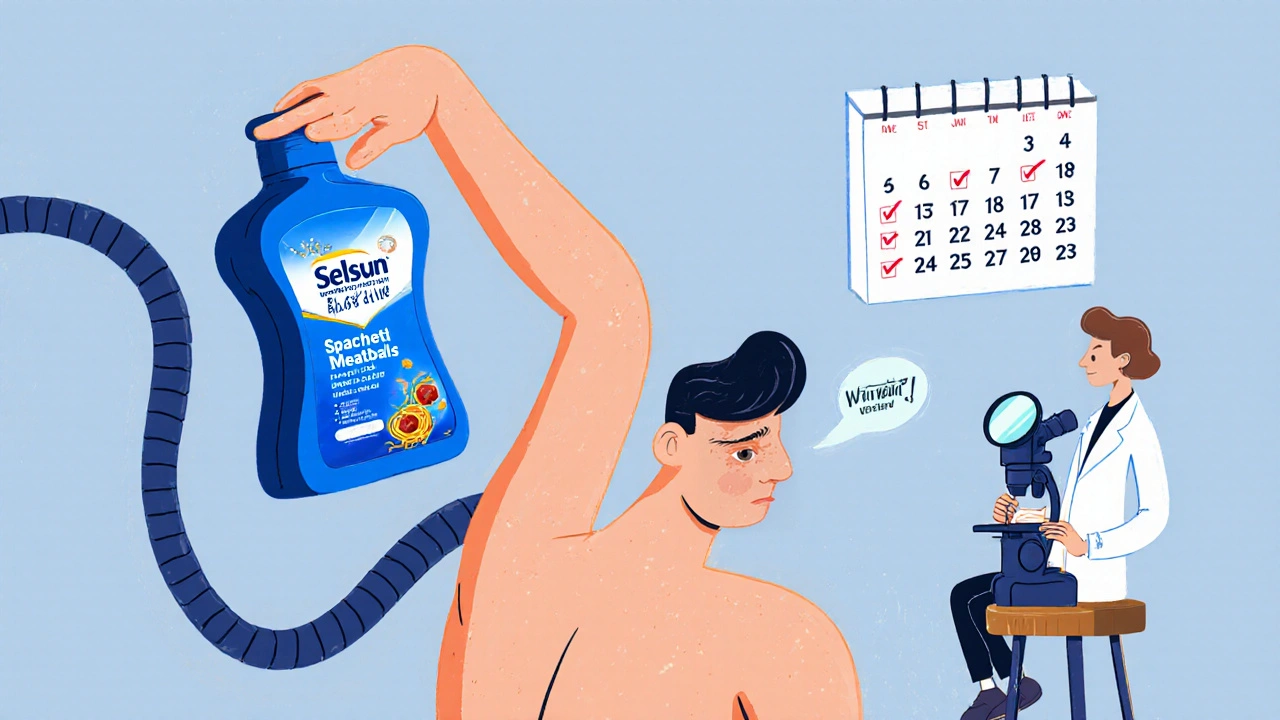 Person applying shampoo to their back while a dermatologist checks yeast under a microscope in a cartoon scene.