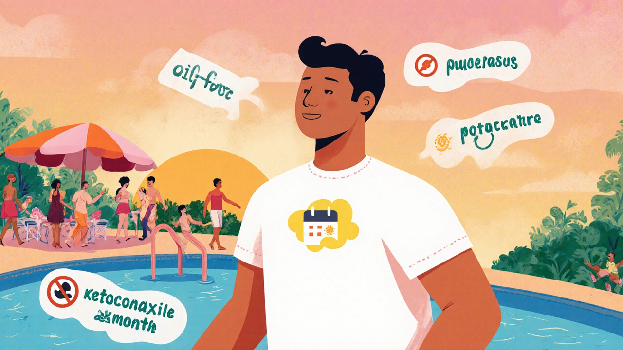 Person walking past a pool with monthly prevention icons glowing on skin, avoiding oily products and sweat.