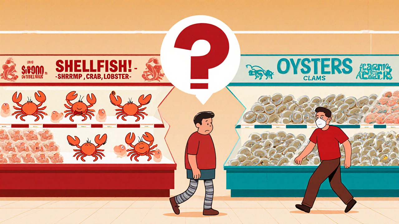Shopper confused by seafood labels: shrimp and crab warned, oysters and clams unlabeled.