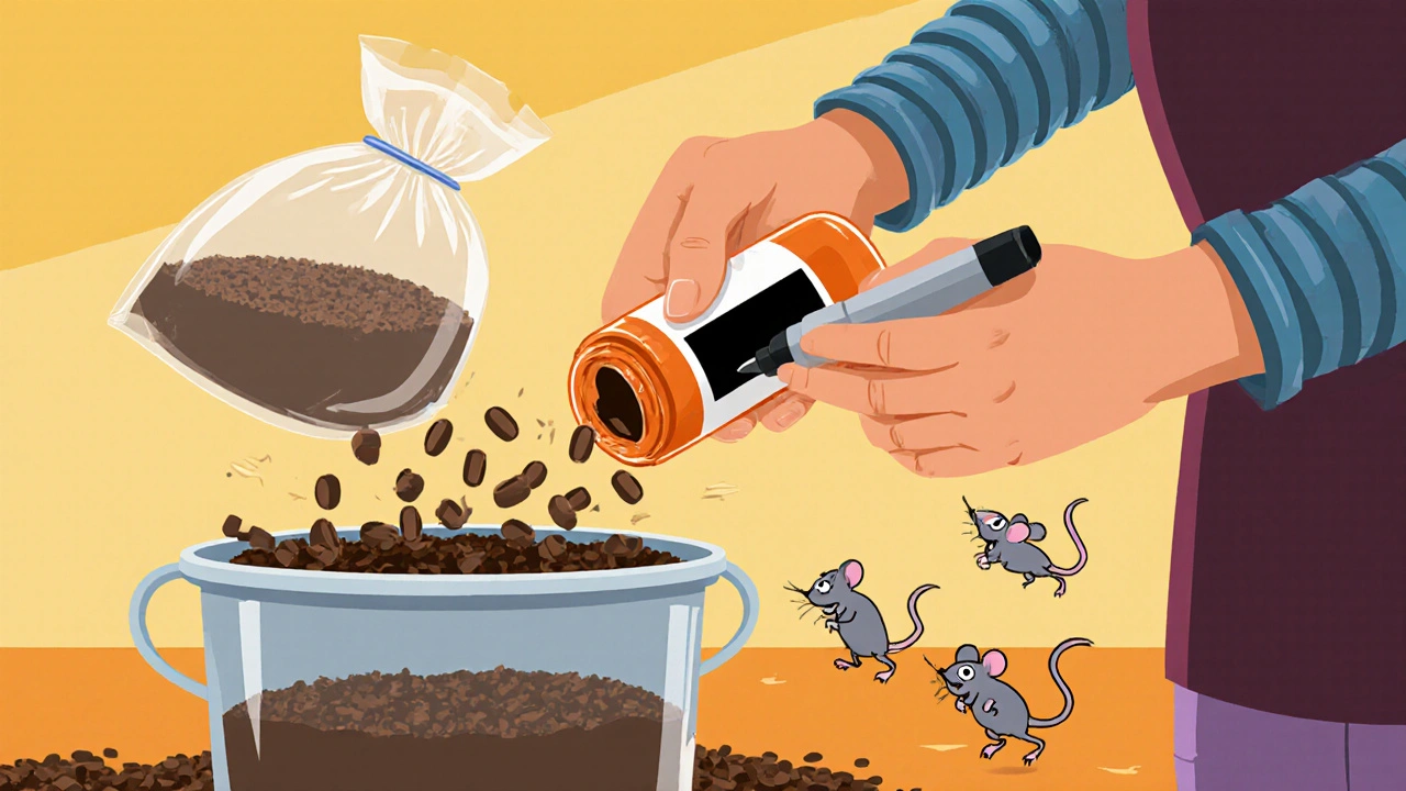 Someone blacking out a prescription label with a giant marker, mixing pills with cat litter.