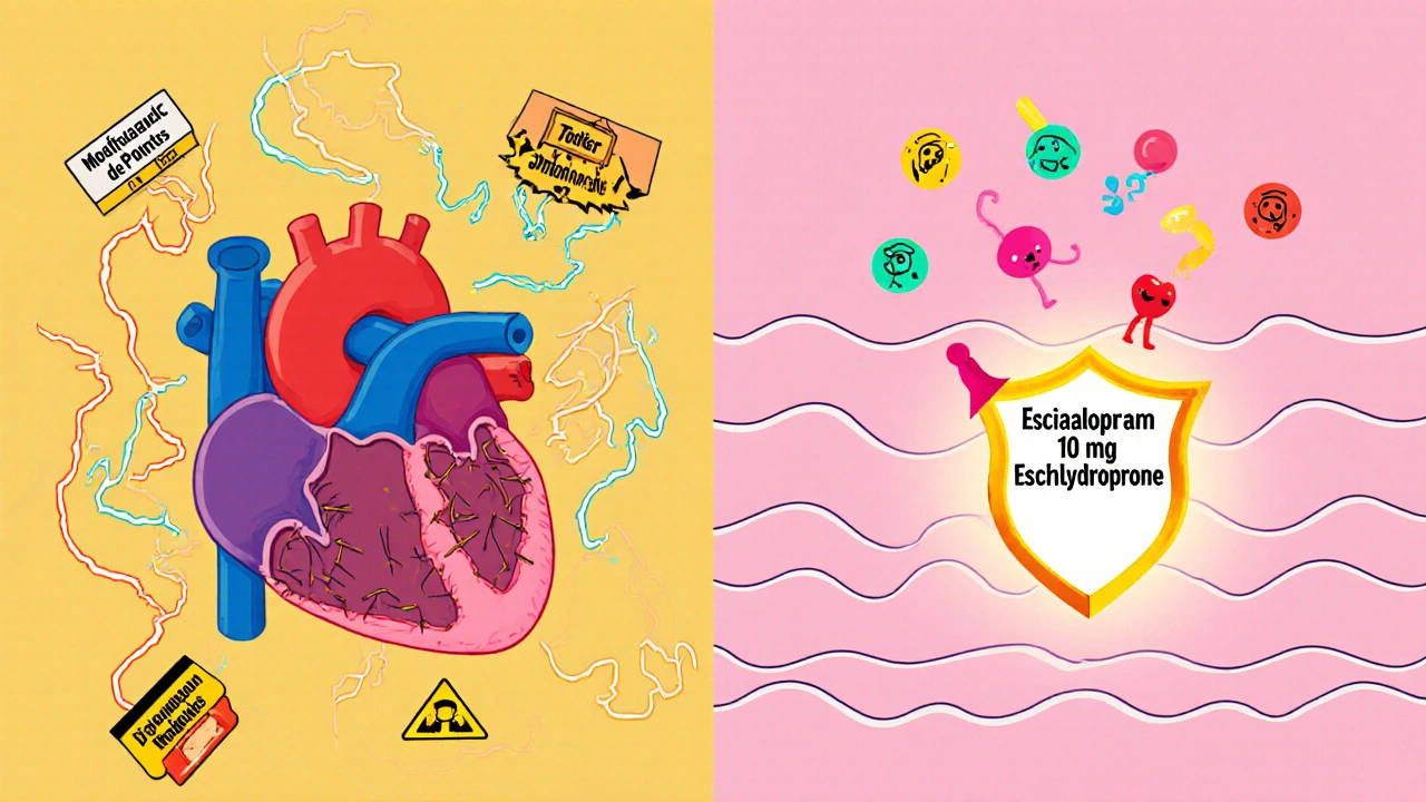 Split cartoon: chaotic heart with dangerous drugs on one side, calm heart with escitalopram shield on the other.