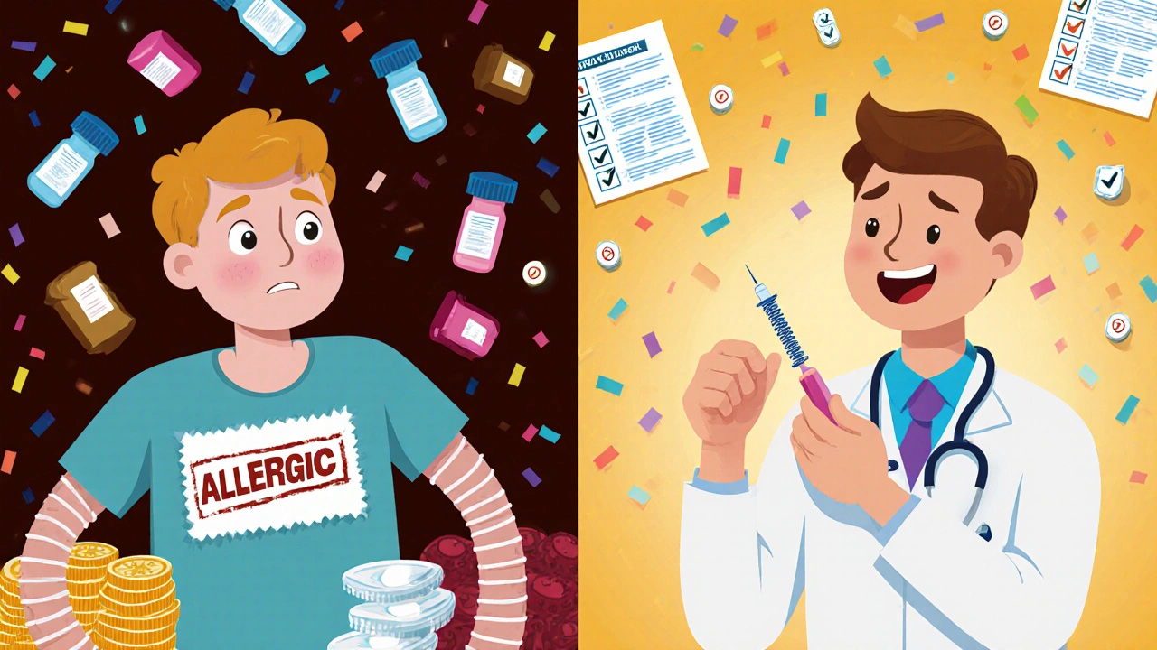 Split scene: one person afraid of all antibiotics, another happily taking penicillin after a spring-loaded skin test.