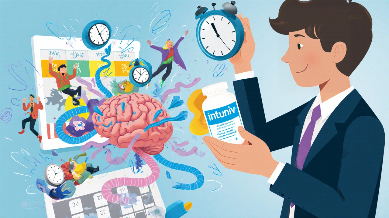 Teen with calming blue waves from medication, chaotic brain being organized into a calendar.