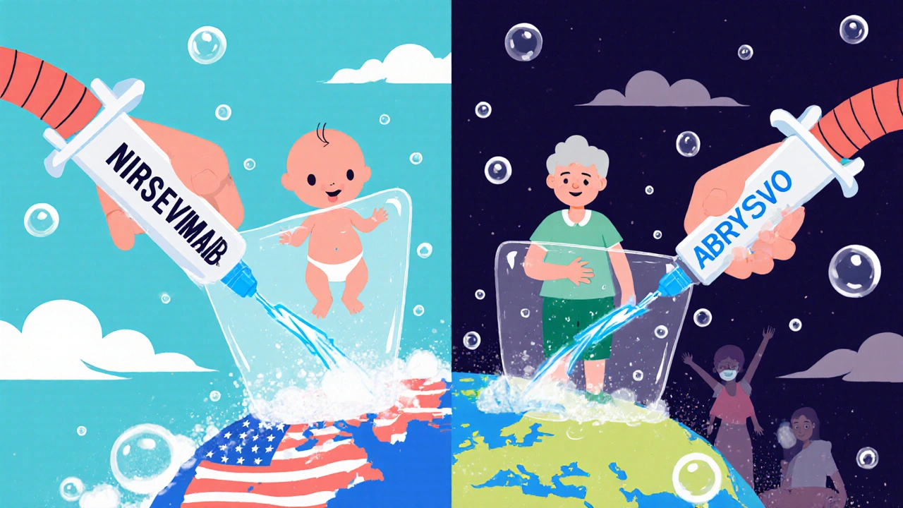 Two protective vaccine shields shielding a baby and an older adult, with hygiene symbols and a global contrast.