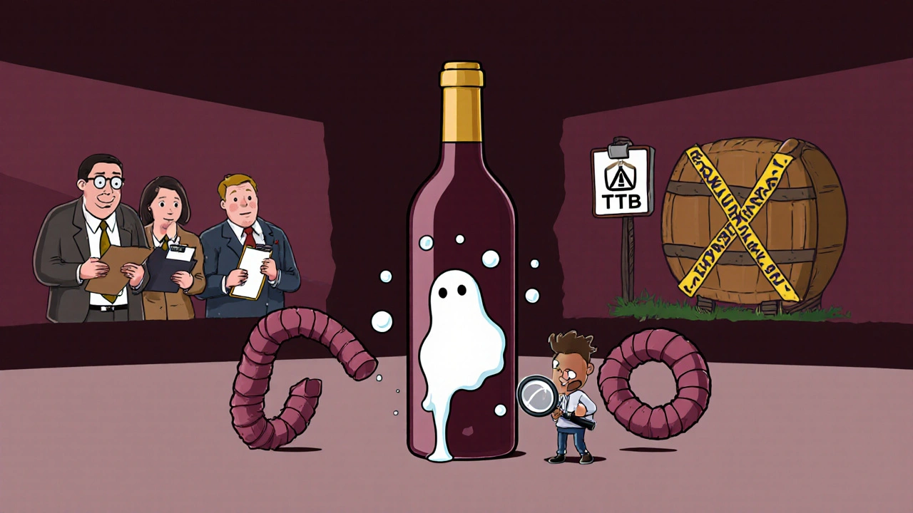 Wine bottle leaking hidden egg and milk allergens, while FDA and TTB signs contrast in background.