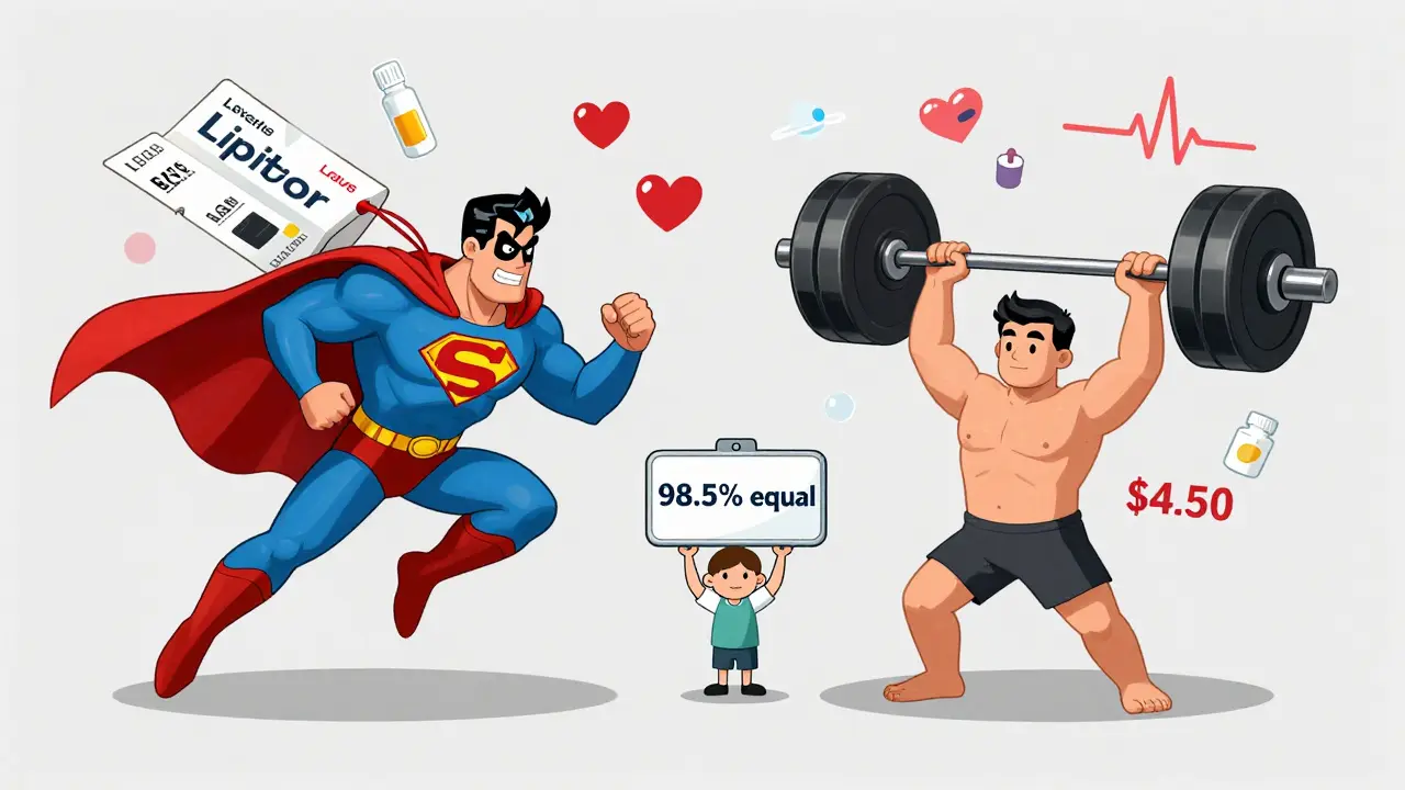 A brand-name drug superhero fights a price tag weight while a generic version easily lifts it, both casting the same shadow, with a patient holding a scale.