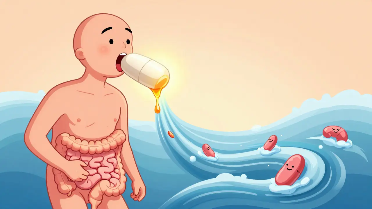 A calm figure with a slow-dripping metformin pill releasing medicine gently through the intestine.