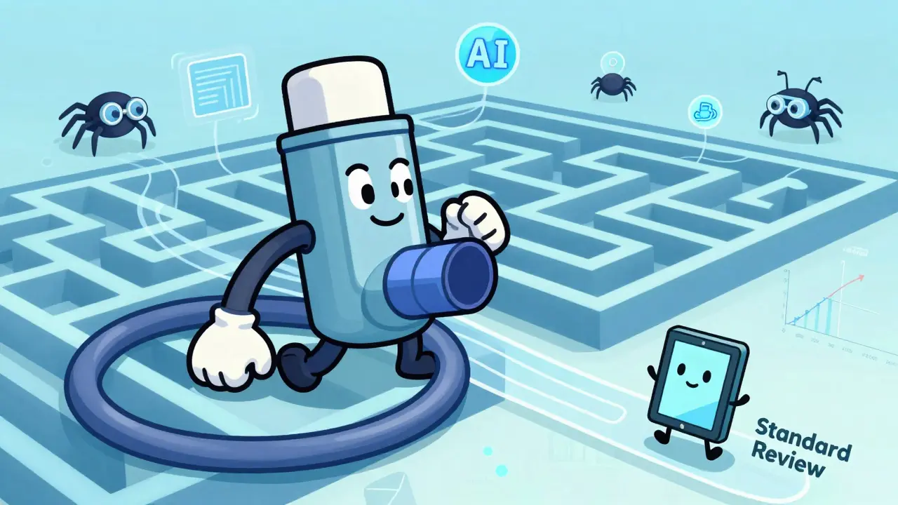 A complex inhaler stuck in a data maze while a simple tablet zips past, aided by friendly AI icons.