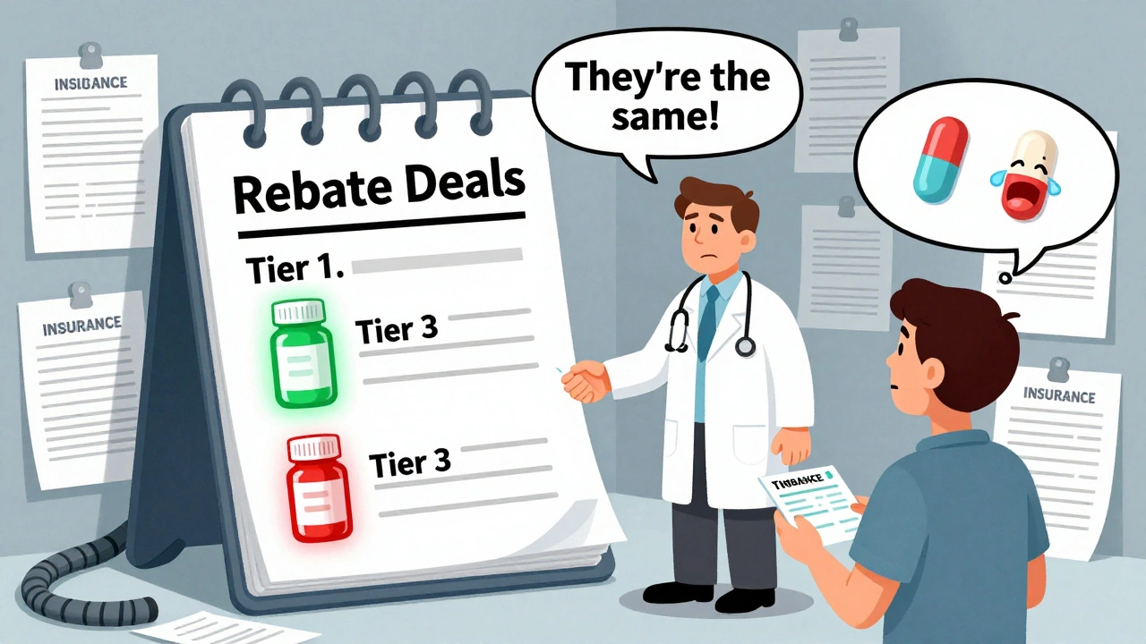 A doctor and pharmacist shake hands over a rebate ledger while a confused patient stares at identical pills with different price tags.