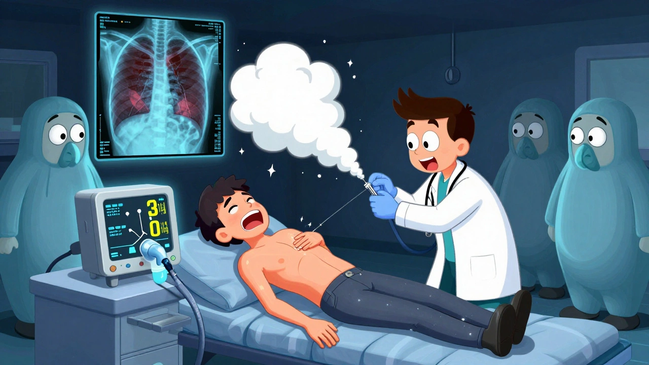 A doctor performs needle decompression on a patient in a cartoon ER, with air puffing out dramatically.