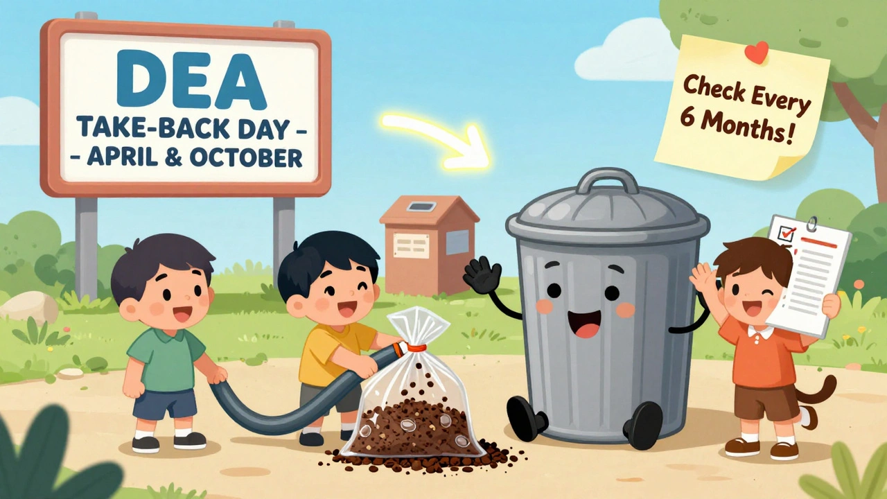 A family disposing of expired pills with coffee grounds and cat litter, near a take-back drop-off sign.