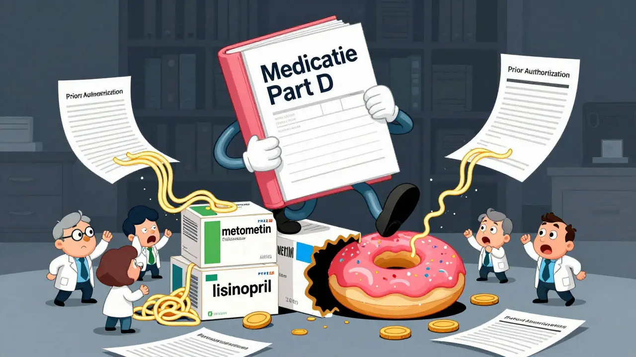 A giant Medicare formulary book stomps on generic drugs while doctors scramble with tangled prior auth forms, a donut gap swallows coins.