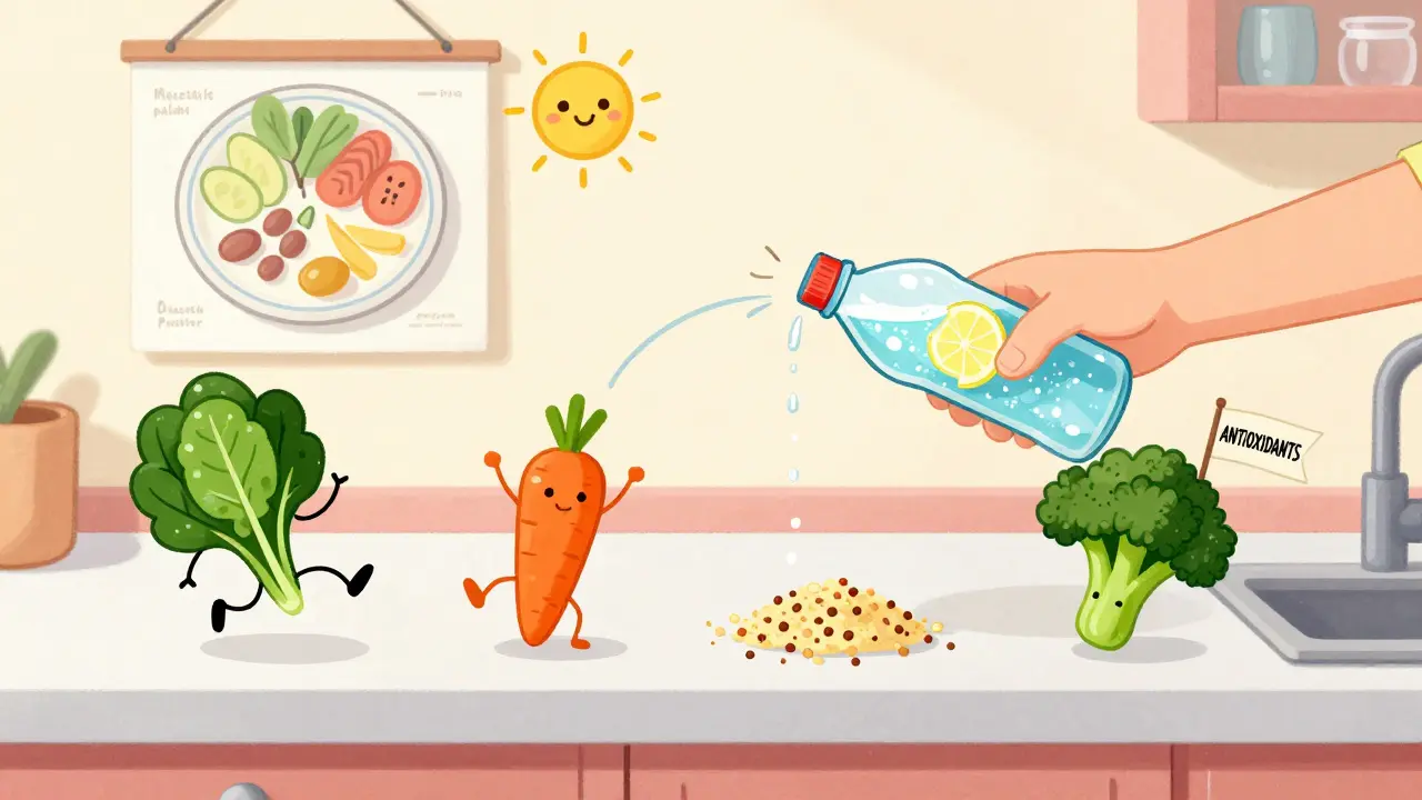 A hand swapping soda for sparkling water as dancing vegetables celebrate on a kitchen counter.