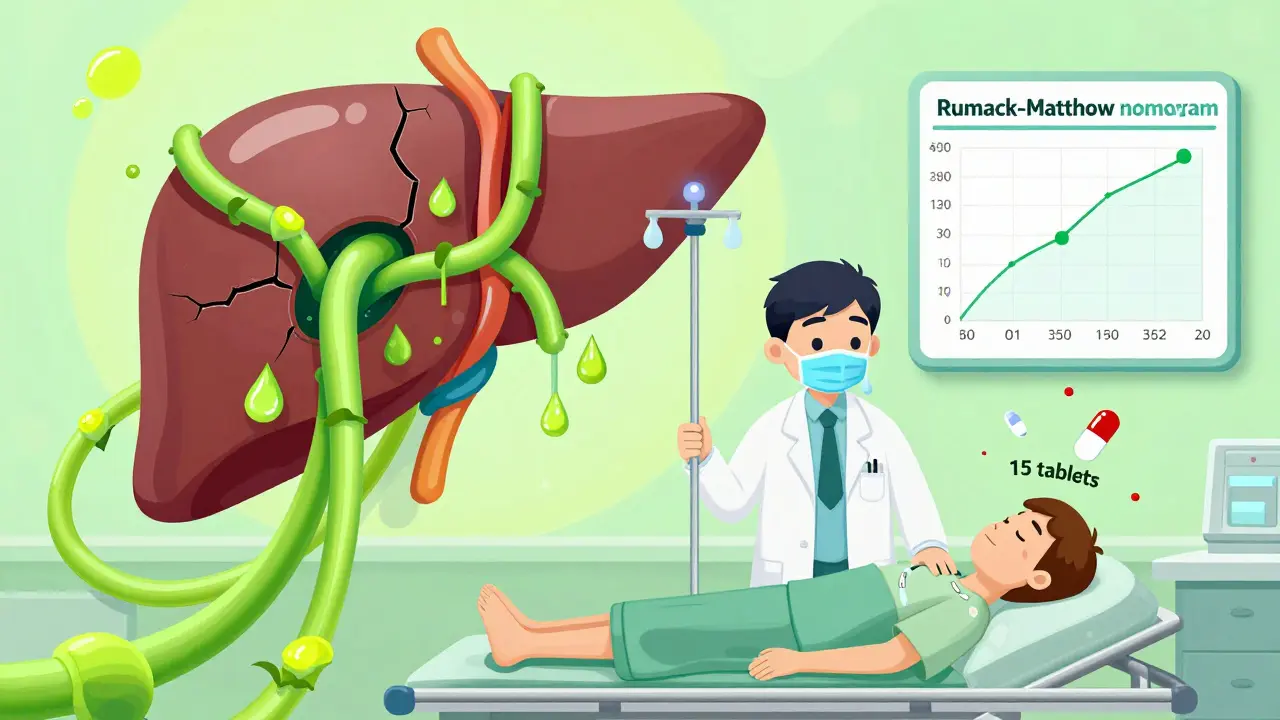 A hospital patient receiving IV NAC as a healing liver glows with green vines flowing through tubes.