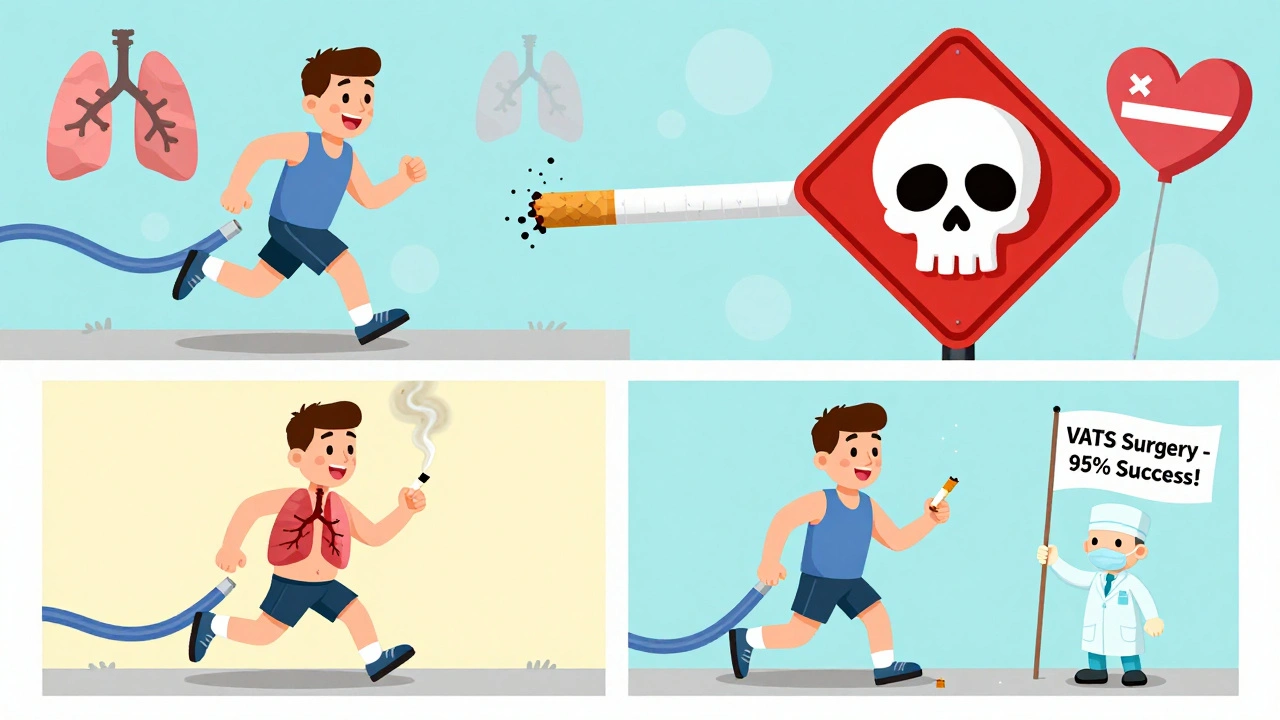A man chooses health over smoking, with a cartoon lung and surgery flag symbolizing recovery.