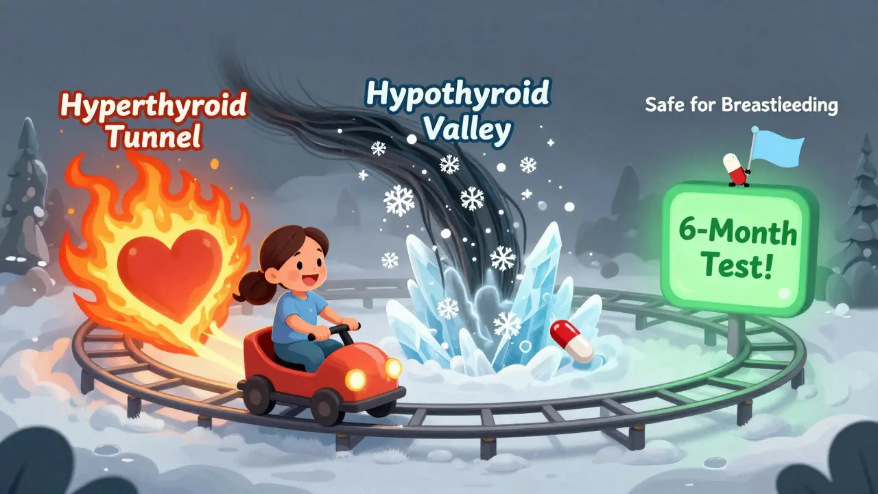 A mom rides a wobbly rollercoaster through fiery and icy postpartum phases, ending at a green checkpoint labeled '6-Month Test!' with a tiny pill waving a flag.