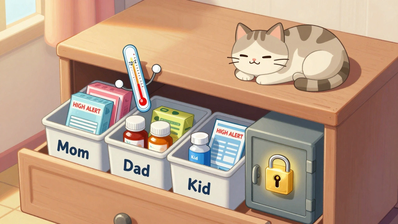 A neatly organized bedroom drawer with labeled bins and a locked safe, under a smiling thermometer.