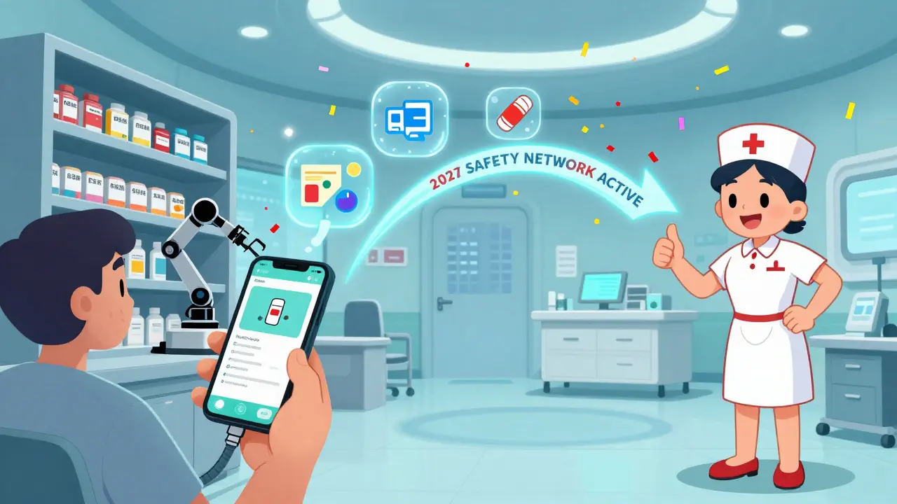 A patient reports a medication issue via phone, triggering animated safety fixes across a futuristic clinic.