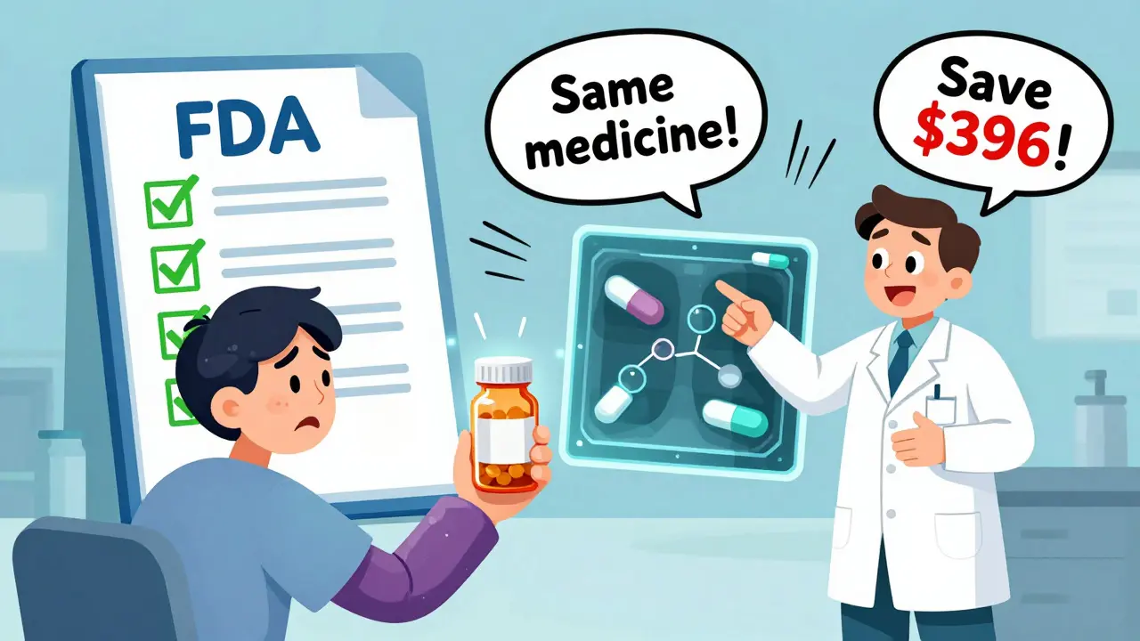 A patient stares at a changing pill bottle as a pharmacist points to an FDA checklist, with an X-ray showing identical molecules inside brand and generic pills.