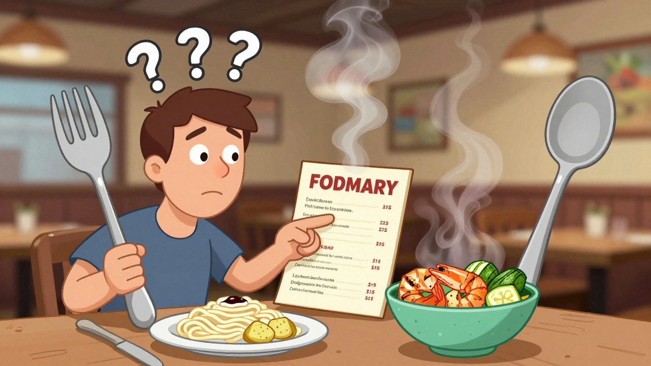 A person at a restaurant with two animated utensils arguing over low-residue vs. low-FODMAP meal choices.