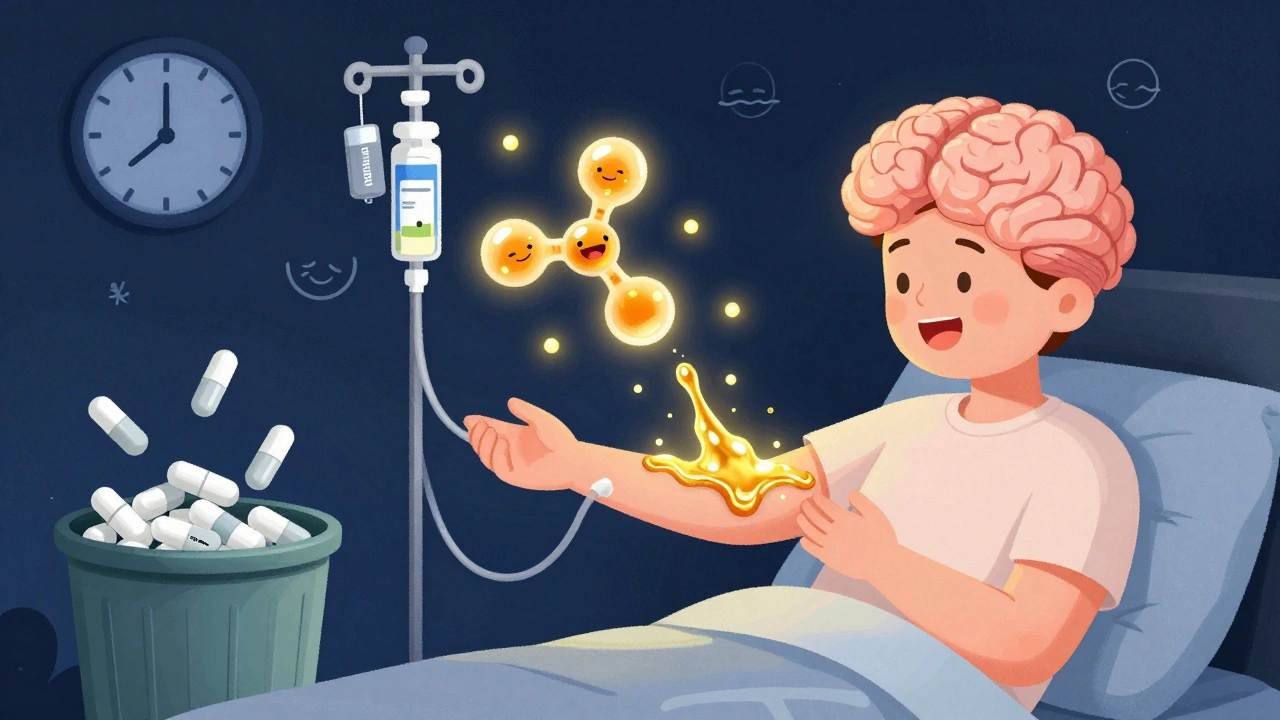 A person receiving glowing IV iron that turns into a dancing dopamine molecule in their brain, with sad pills in a trash can.