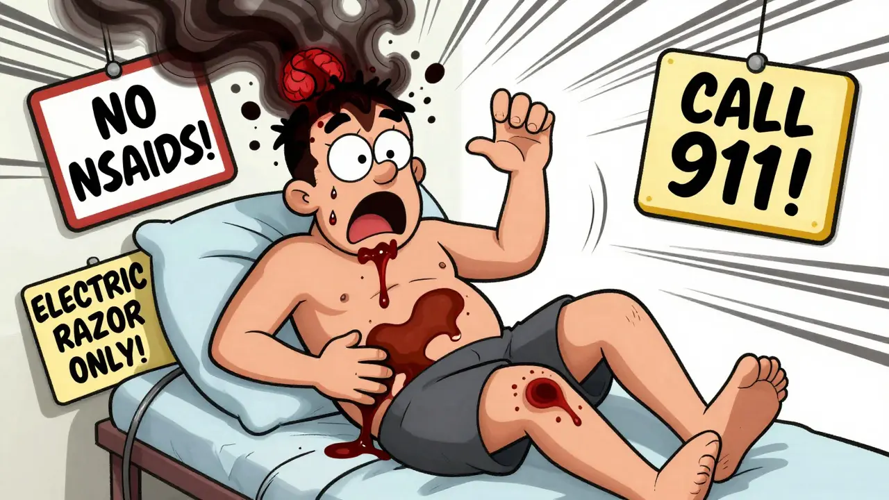 A person with internal bleeding symptoms surrounded by safety warning signs in cartoon style.