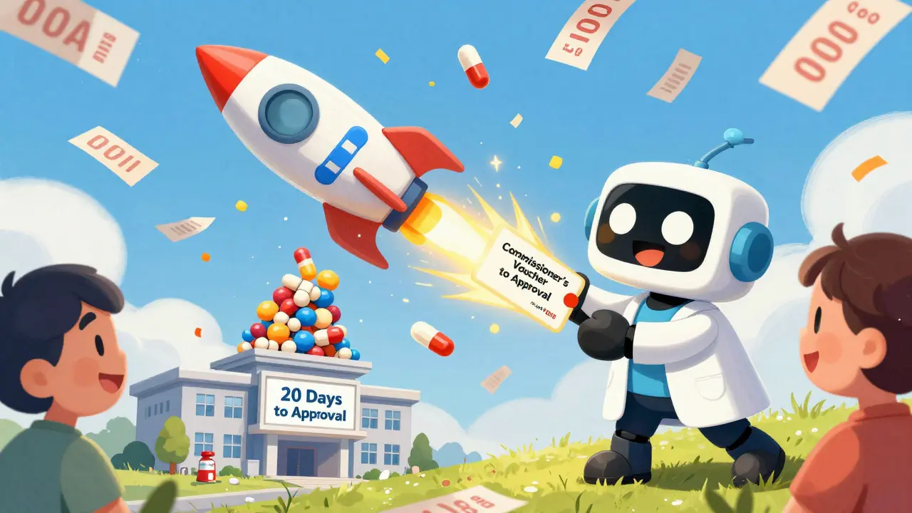 A small robot company mascot launches pills into the sky with a glowing voucher as price tags fall around smiling patients.